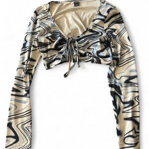 Shein Marble Long Sleeve Crop Top Tie Front